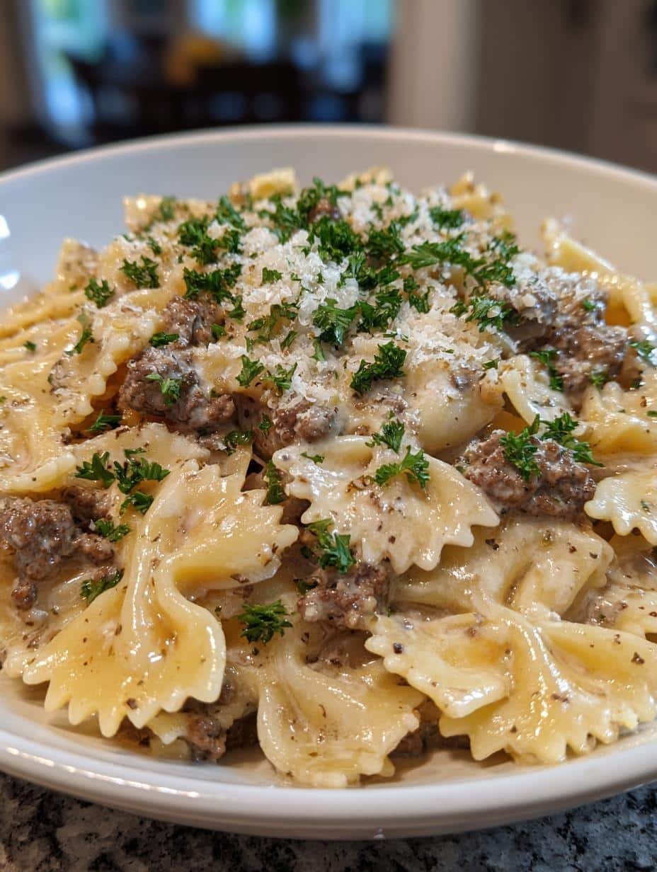 Beef and Bowtie Pasta with Alfredo Sauce - detail 1