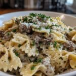 Beef and Bowtie Pasta with Alfredo Sauce