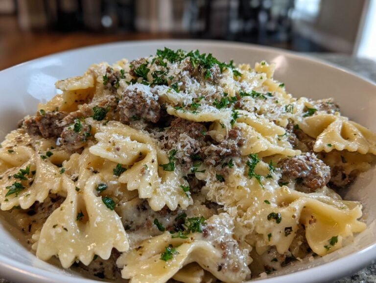 Beef and Bowtie Pasta with Alfredo Sauce