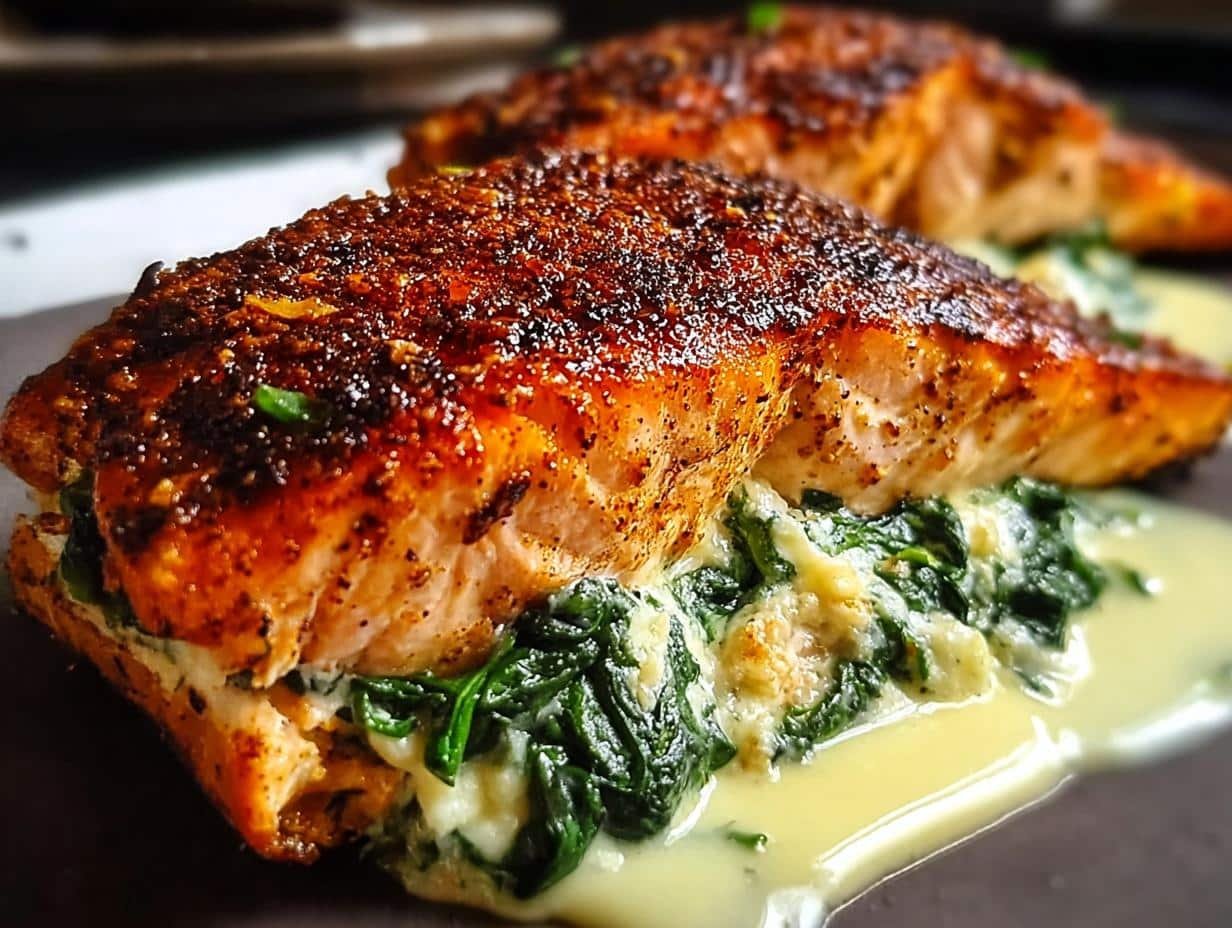 Blackened Salmon Stuffed Spinach