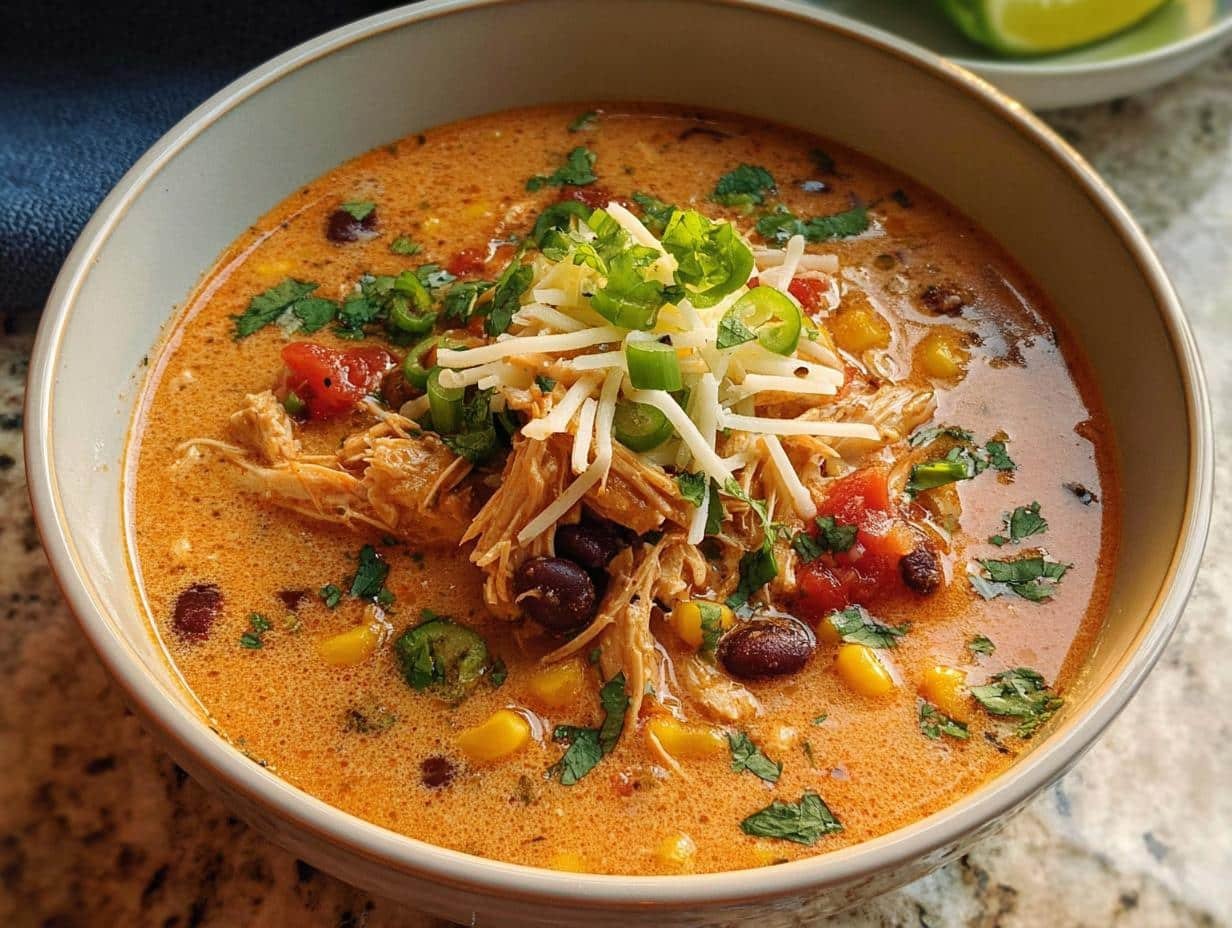 Creamy Chicken Taco Soup simmering in a pot with spices