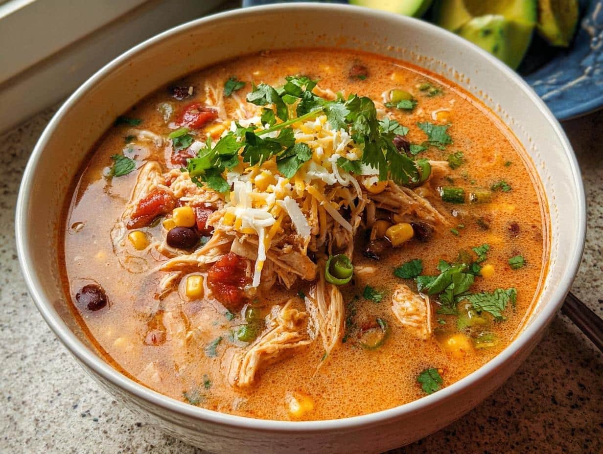 Close-up of a bowl of Creamy Chicken Taco Soup with toppings