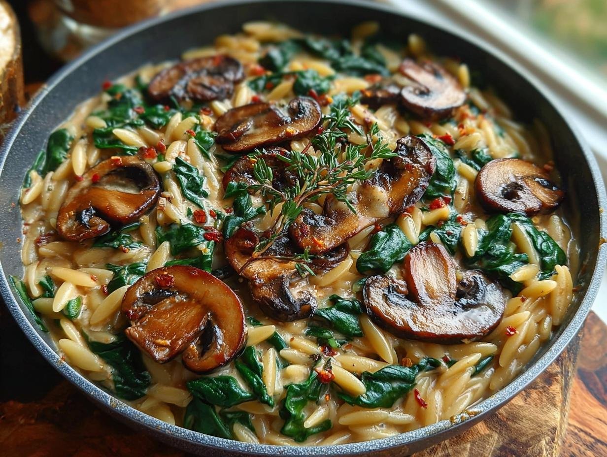 Creamy Spinach Mushroom Orzo: 1 Easy Recipe - Creamy Spinach Mushroom Orzo - additional detail