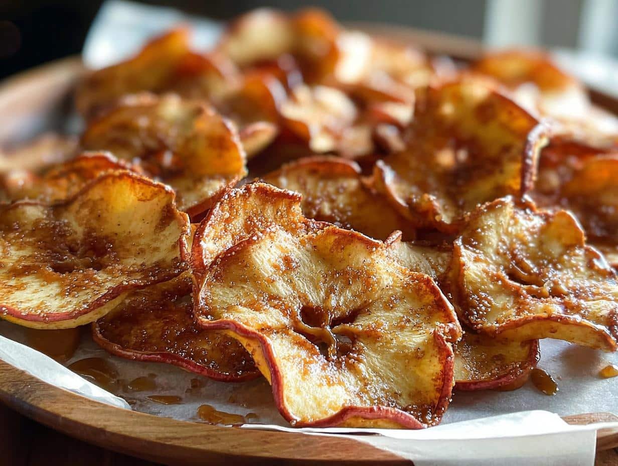 Easiest Caramel Apple Chips: Thinly sliced apples arranged on parchment paper