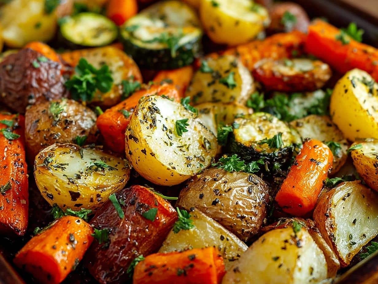 Garlic Herb Roasted Potatoes: Amazing 30-Min Side - Garlic Herb Roasted Potatoes - close-up of herbs and garlic