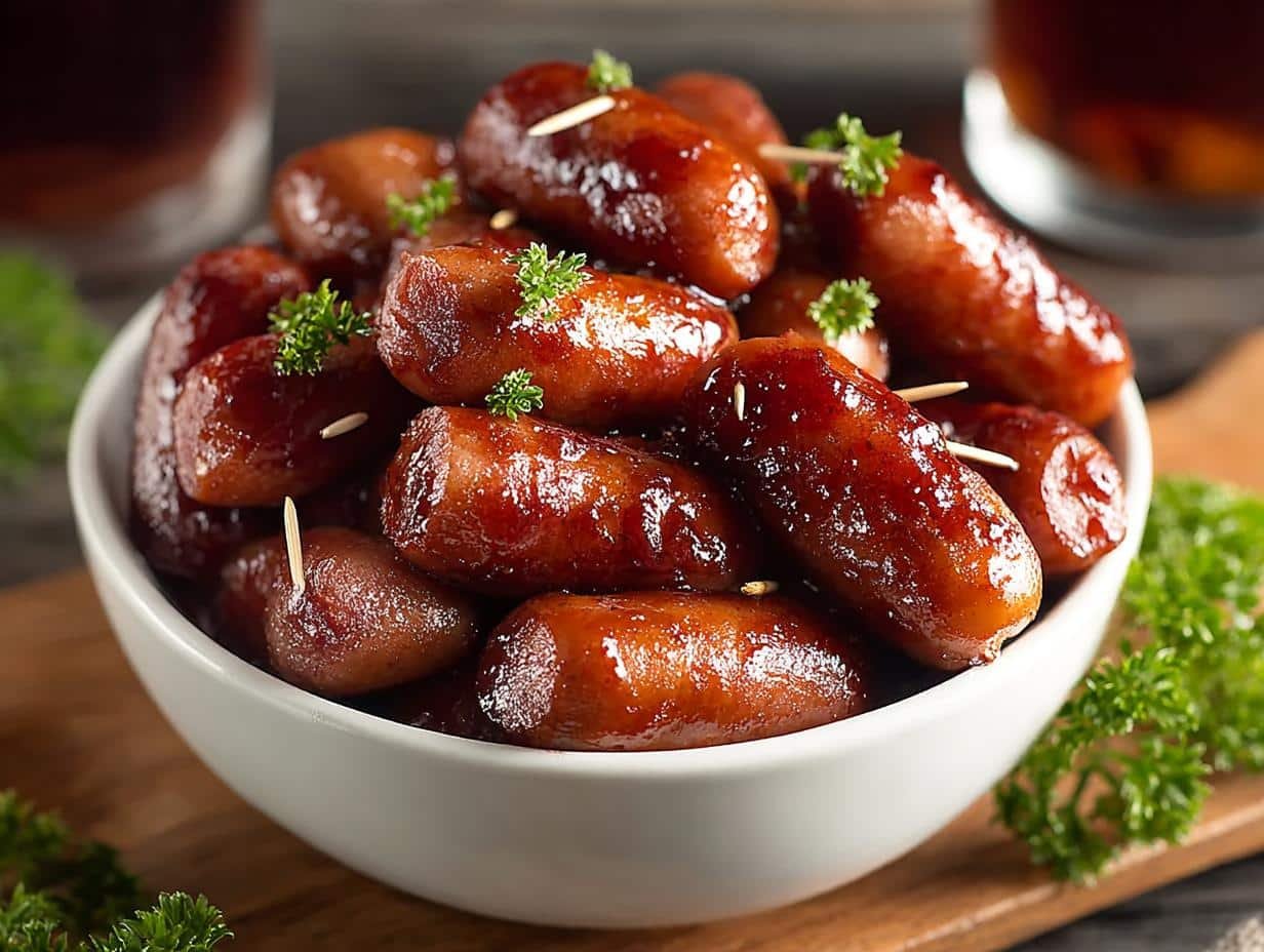 Slow Cooker Little Smokies - close up of cocktail sausages in a glossy sauce