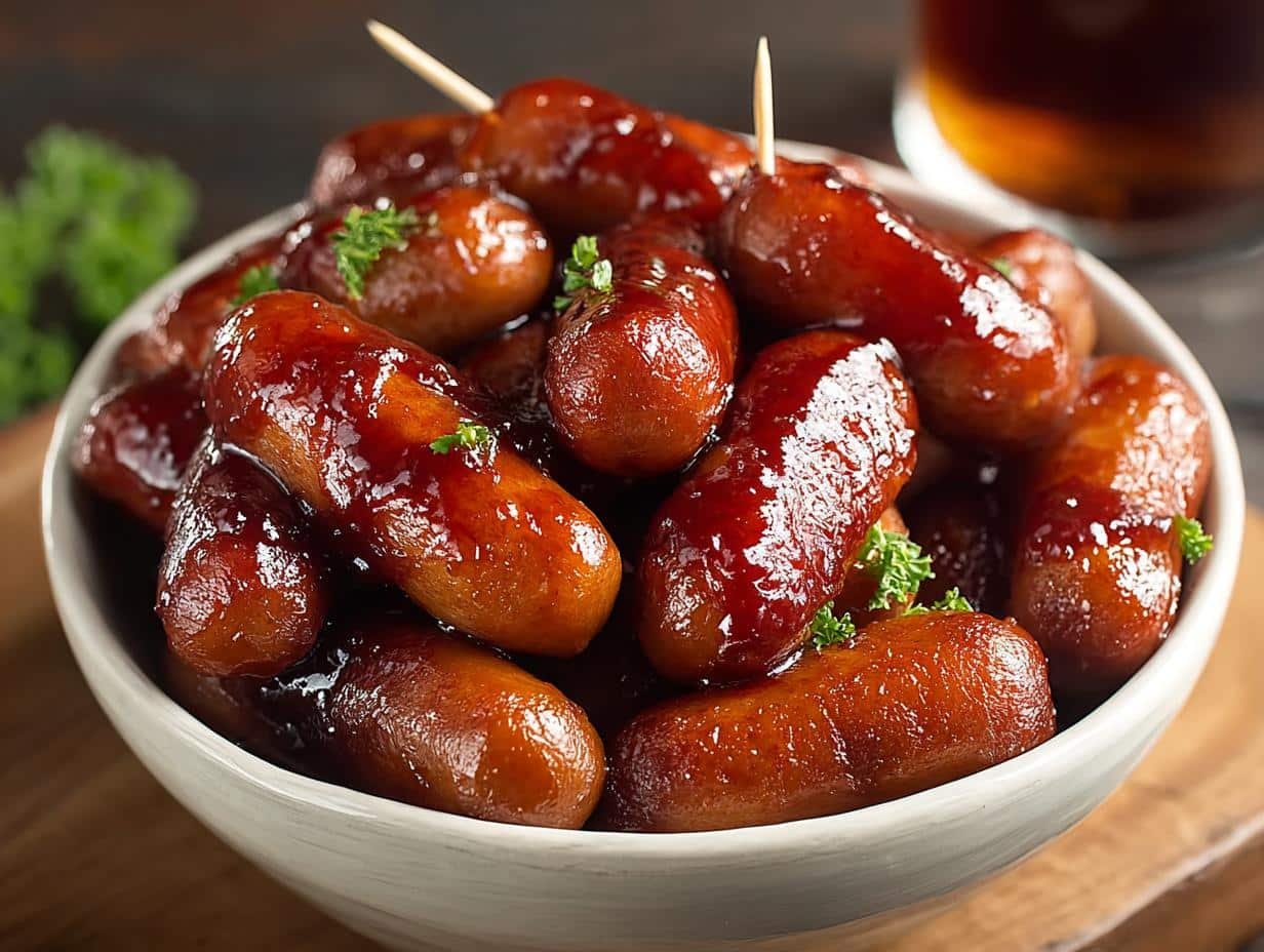 Slow Cooker Little Smokies - serving bowl filled with cocktail sausages and sauce