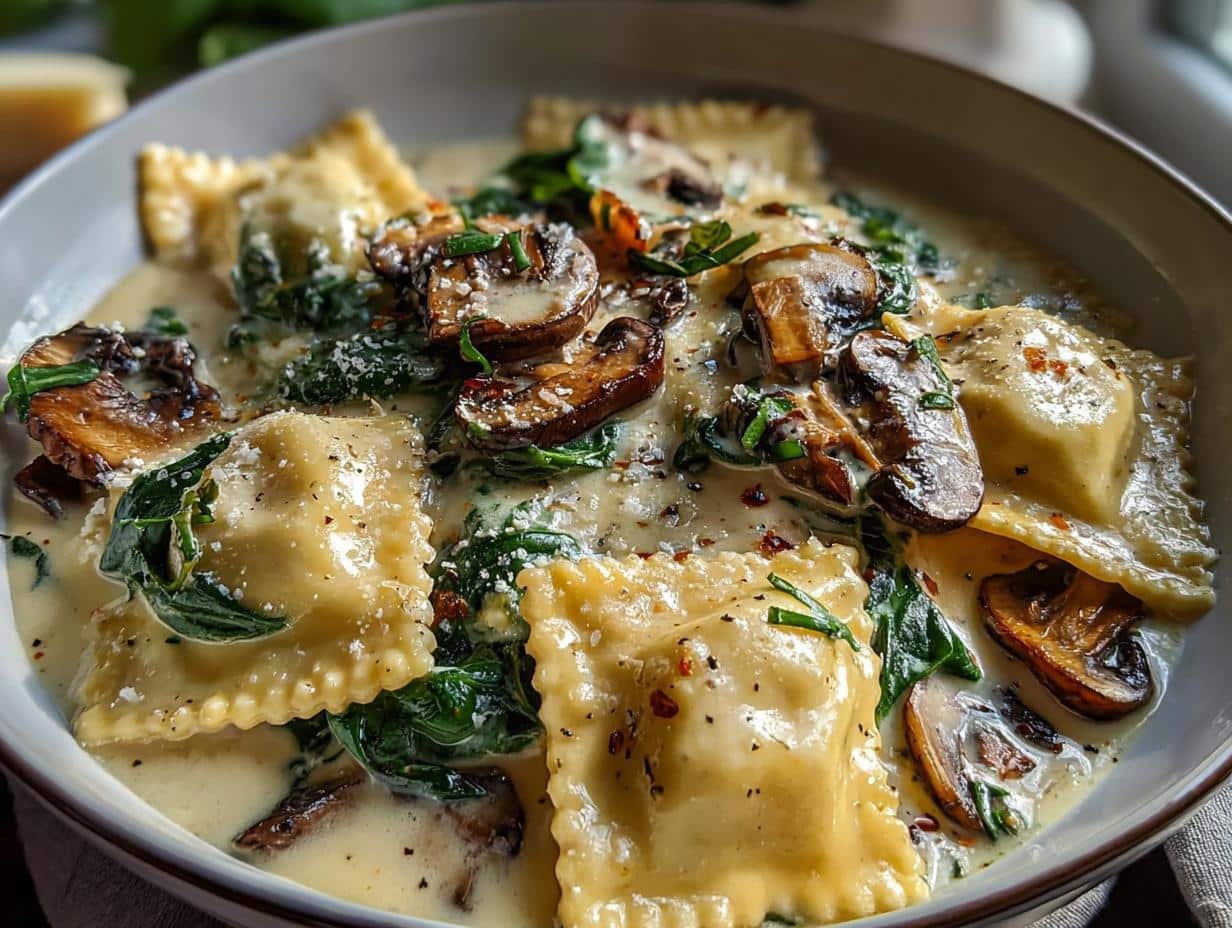 Spinach Mushroom Alfredo Ravioli: 1 Delicious Meal - Spinach Mushroom Alfredo Ravioli - additional detail