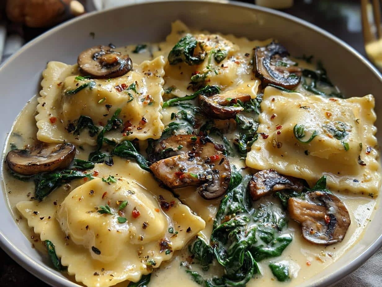 Spinach Mushroom Alfredo Ravioli