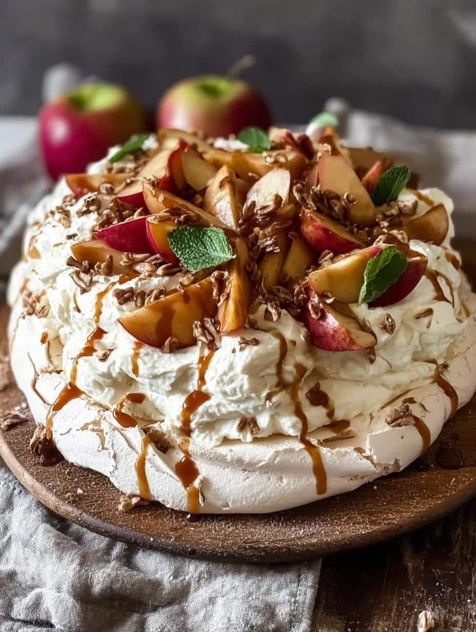 Autumn Pavlova with Apples: A Delicious Fall Delight - main visual representation of a beautifully plated pavlova with apples, maple cream, and caramel