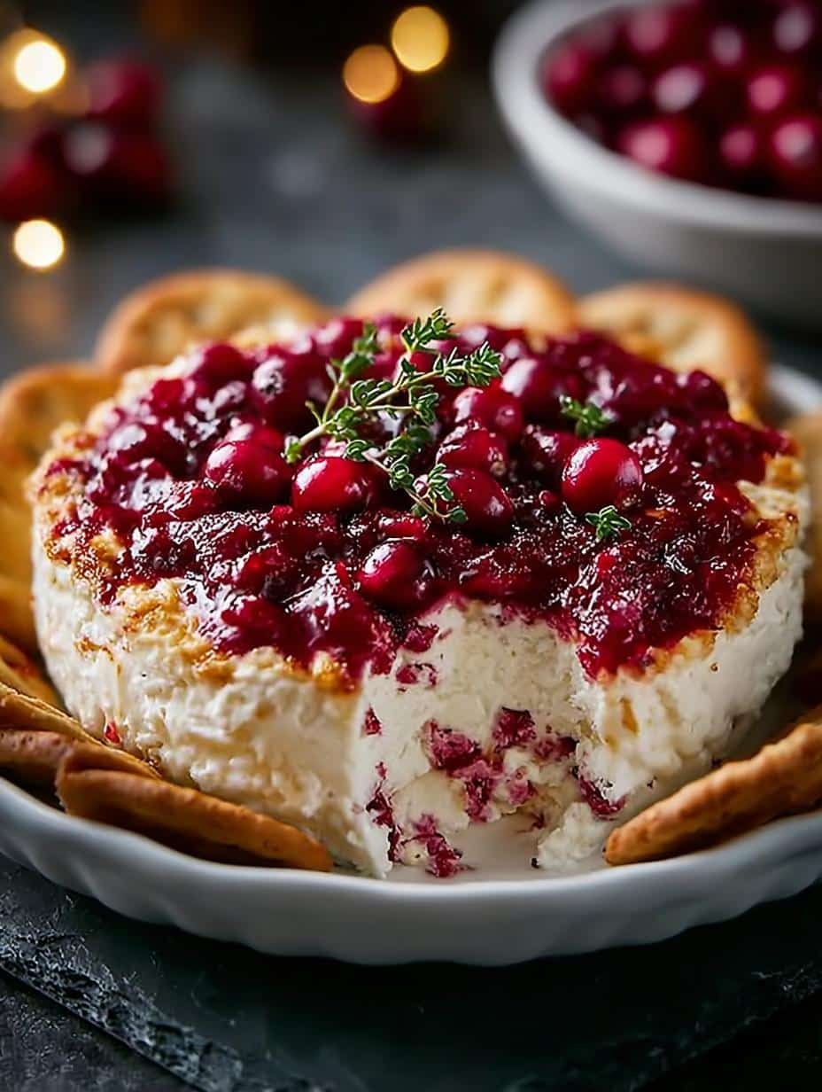 Irresistible Baked Cranberry Cream Cheese dip with crackers and fresh herbs, perfect for holiday gatherings