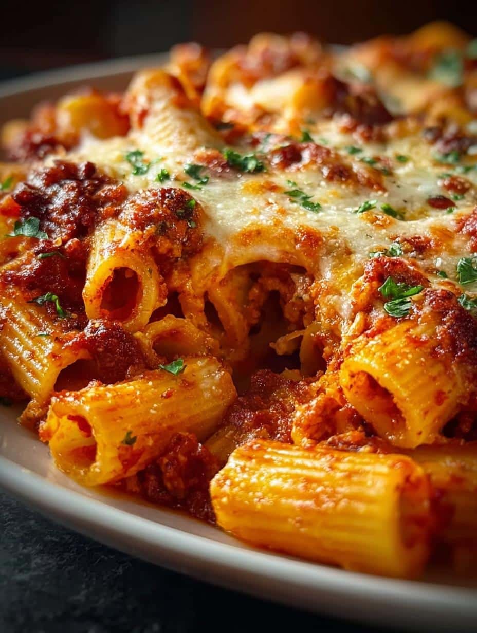 Delicious Baked Rigatoni Pasta with melted cheese and rich marinara sauce, ready to serve