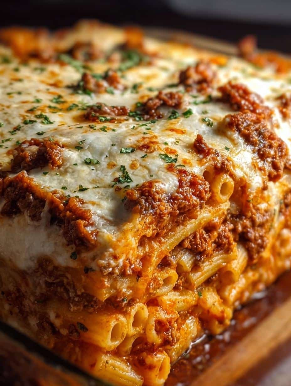 Close-up of a serving of Baked Ziti with Meat, showing the layers of pasta, meat sauce, and melted cheese