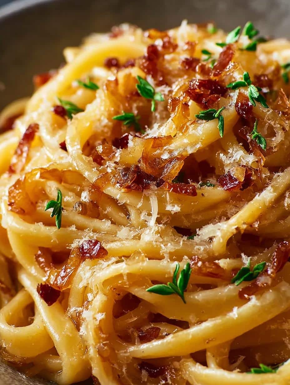 Delicious Caramelized Onion Pasta with Chilli Oil served in a bowl, garnished with fresh parsley