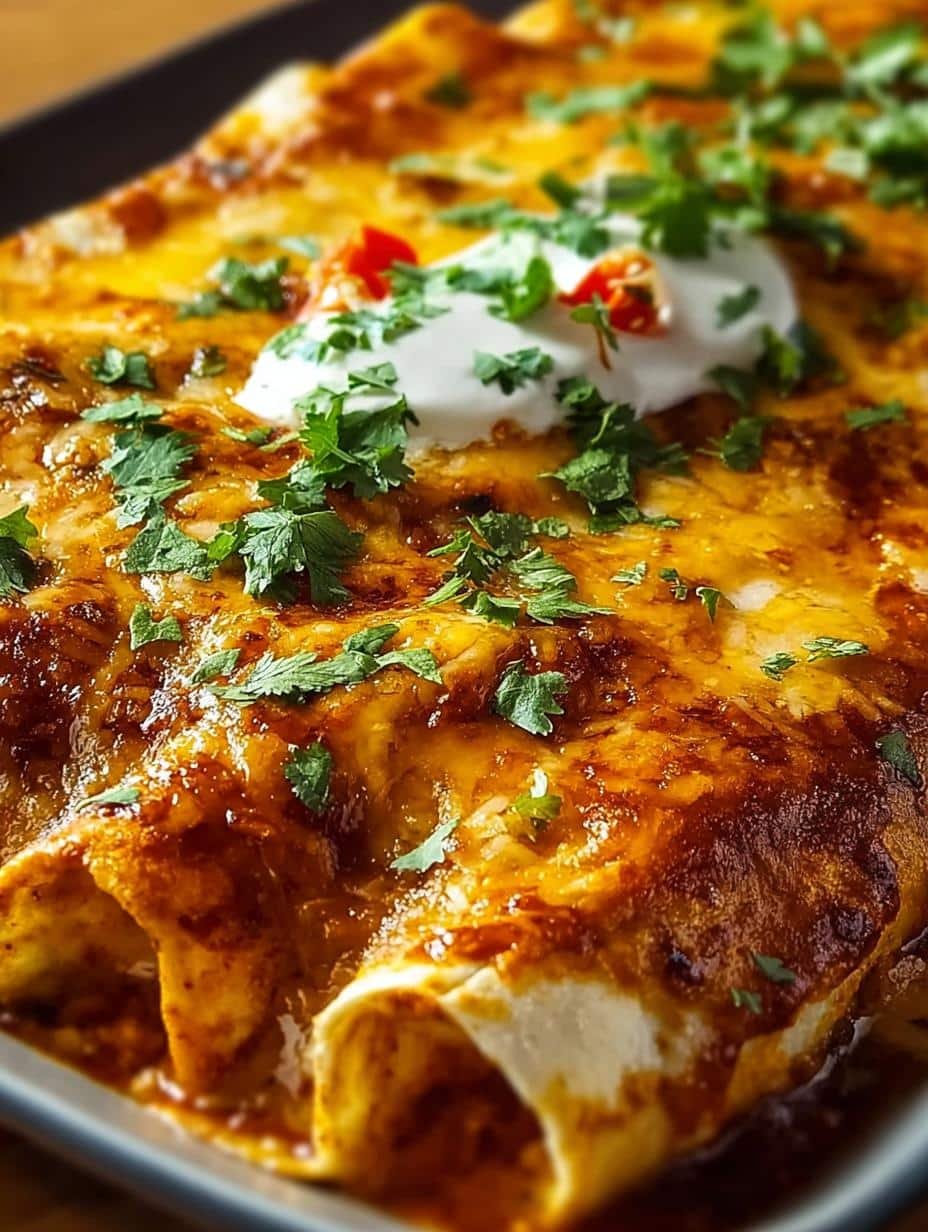 Close-up of bubbling Chicken Enchiladas fresh from the oven, garnished with cilantro