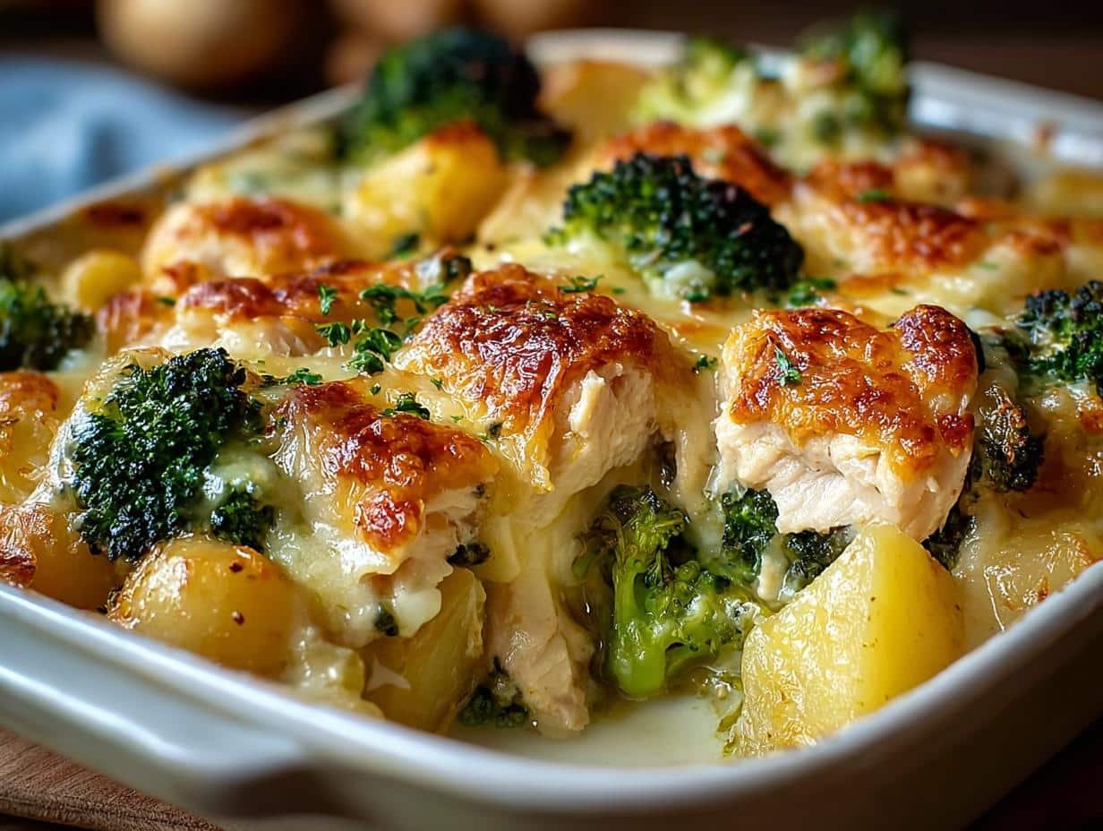 Chicken Potato Broccoli Casserole - close-up of cheesy topping