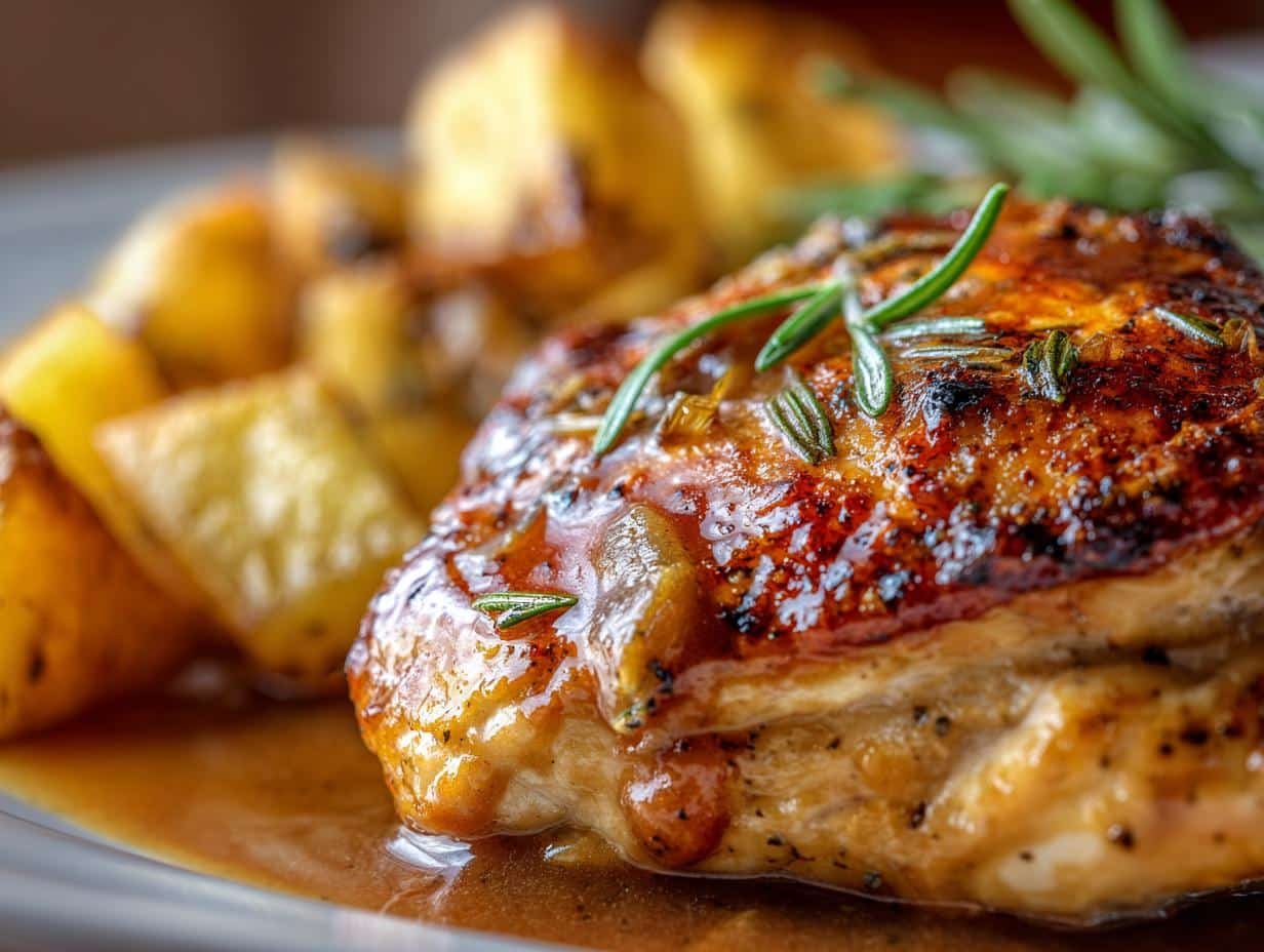 Delicious Chicken Potatoes with Gravy served in a skillet with fresh herbs