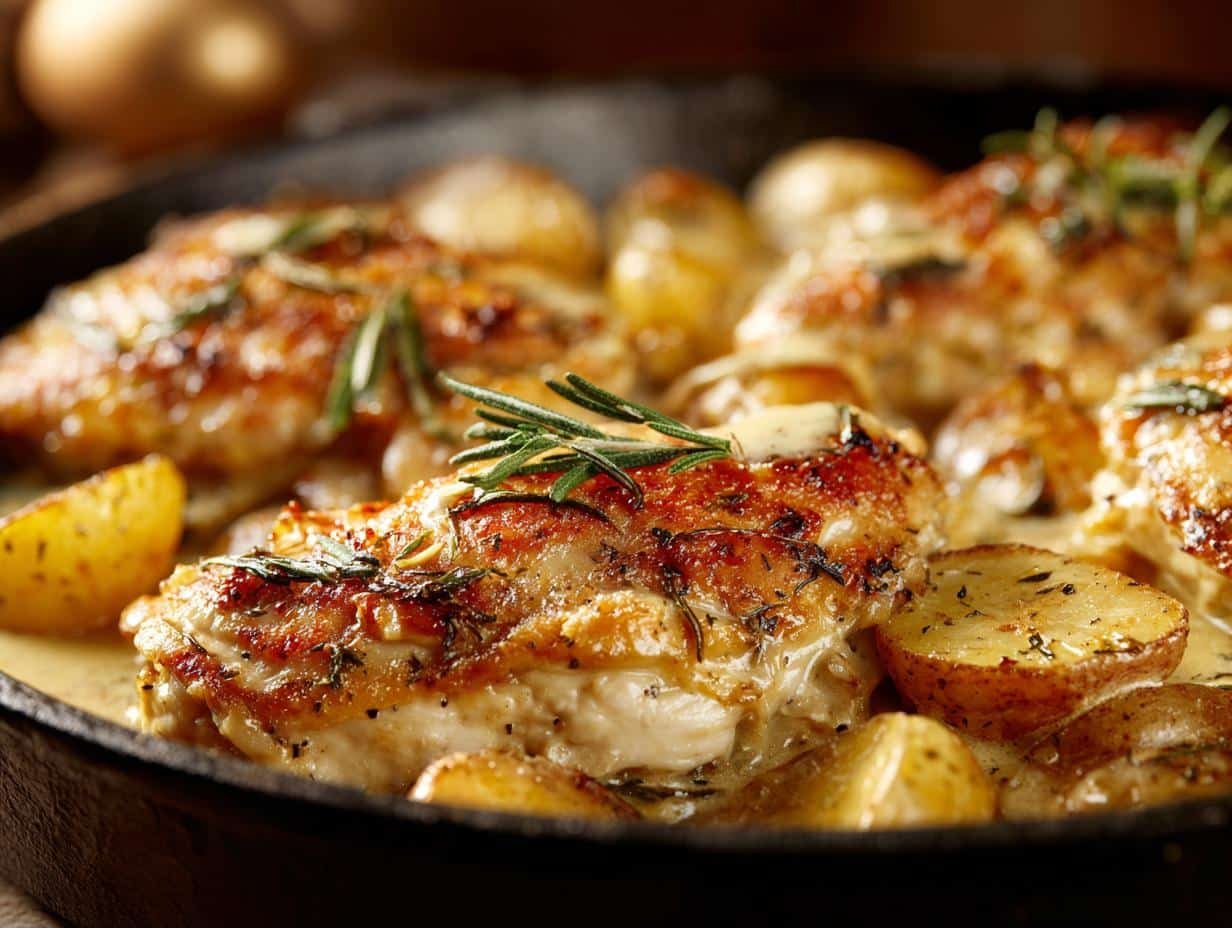 Close-up of Chicken Potatoes with Gravy in a serving dish, garnished with parsley