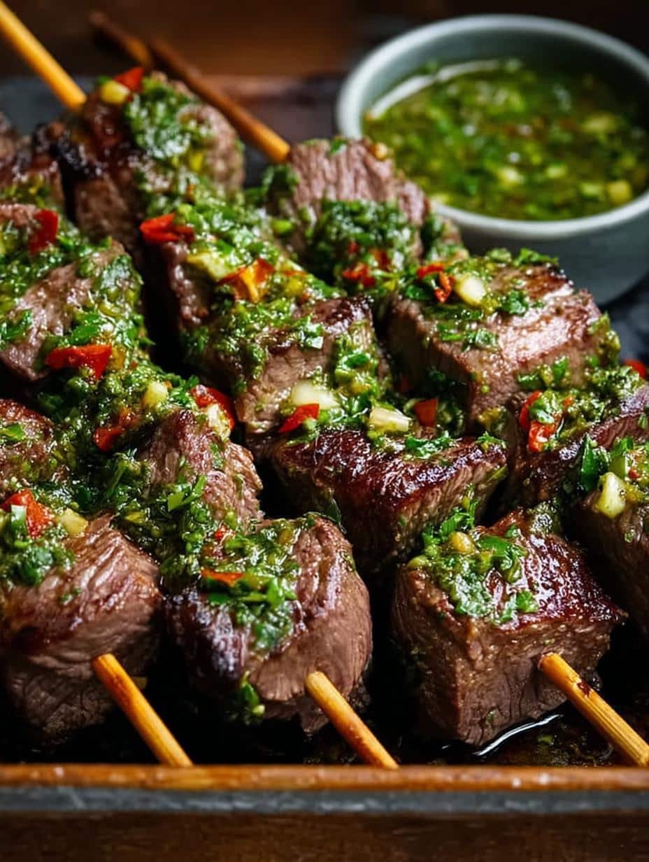 Delicious Chimichurri Steak Skewers sizzling on the grill, perfectly charred and juicy