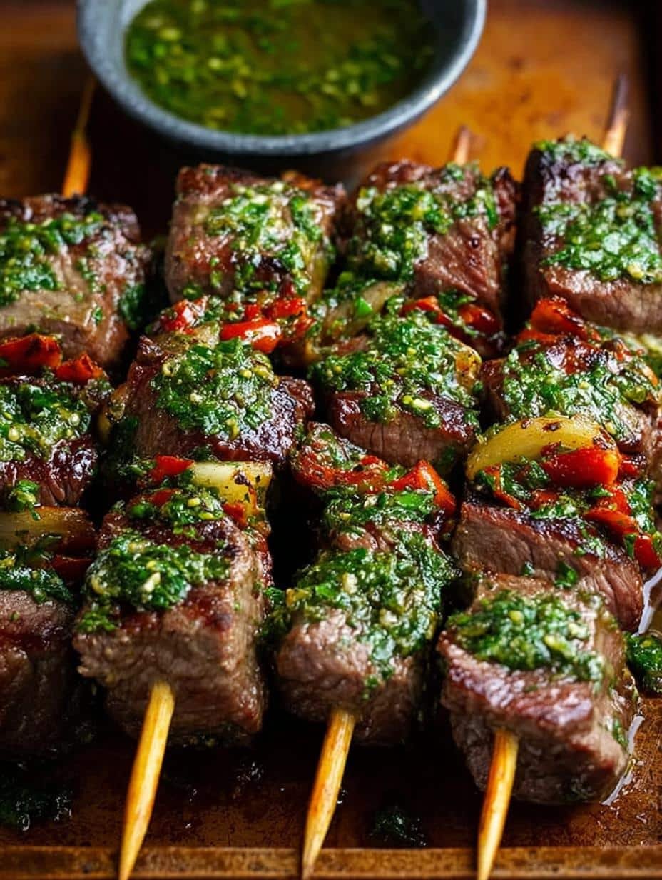 Close-up of vibrant Chimichurri Steak Skewers garnished with fresh parsley