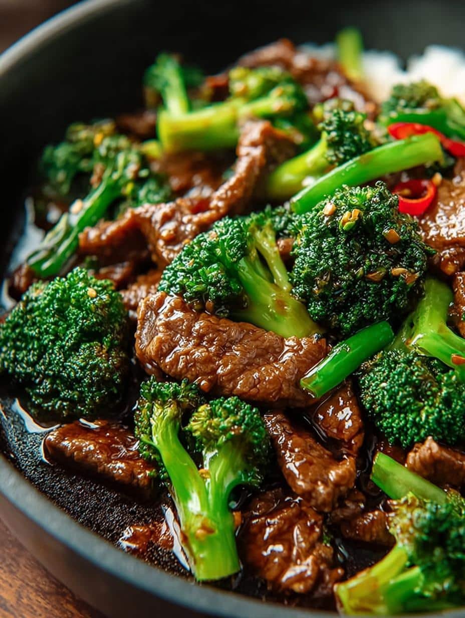 Delicious Chinese Beef Broccoli One stir-fry with tender beef and vibrant broccoli in a savory sauce, served over rice.