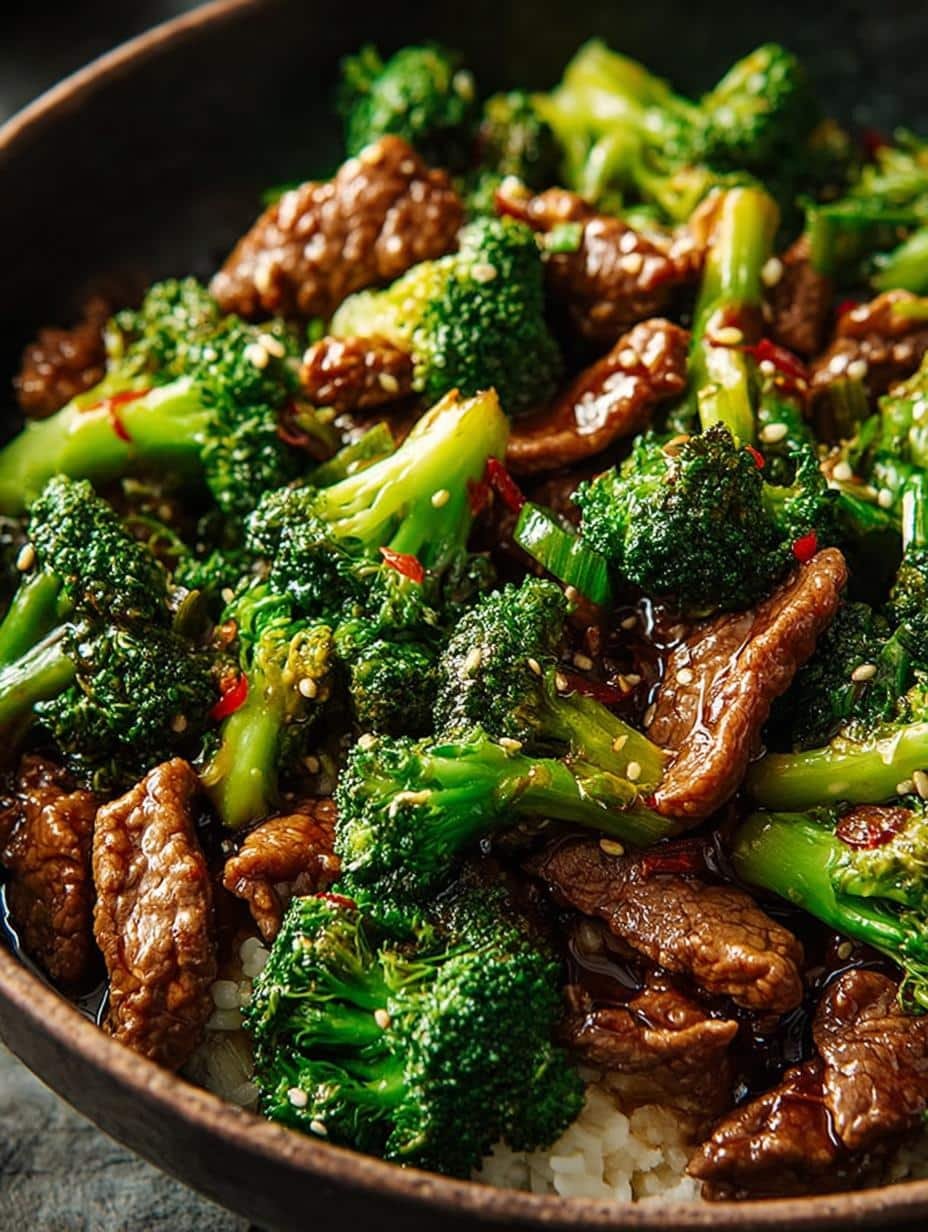 Close-up of Chinese Beef Broccoli One showing the glossy sauce coating the beef and broccoli florets.