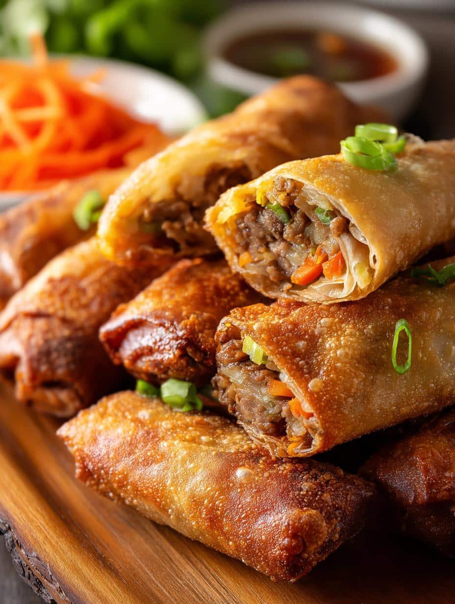 Crispy golden brown Chinese Egg Rolls with savory filling, fresh from the fryer, ready to be served