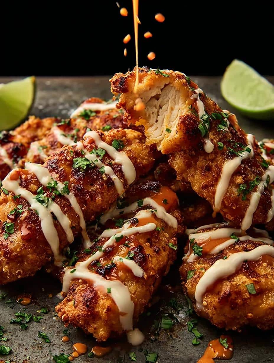 Delicious Chipotle Bang Bang Chicken Skewers with creamy sauce and fresh cilantro garnish