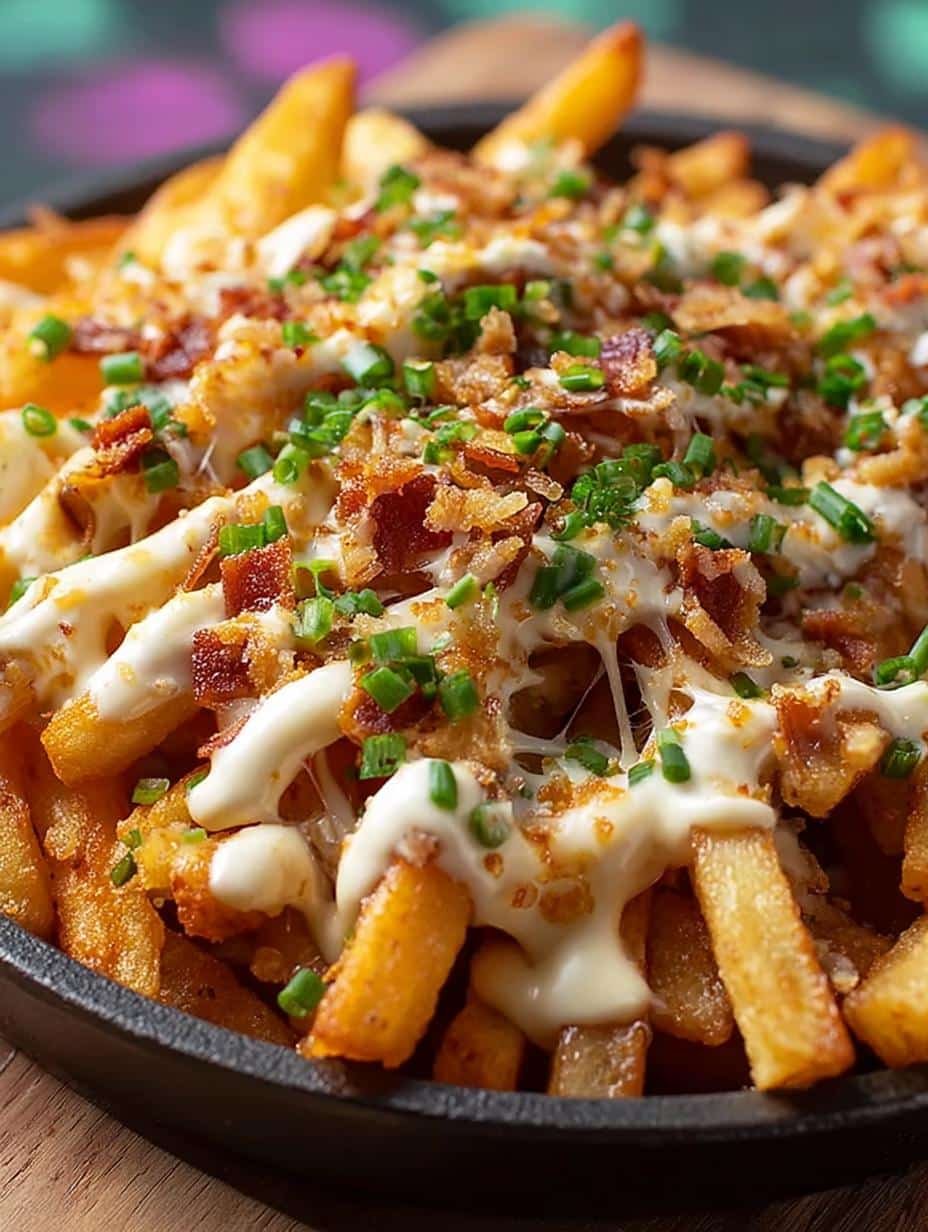 Delicious Copycat Voodoo Fries with cheese sauce and bacon bits