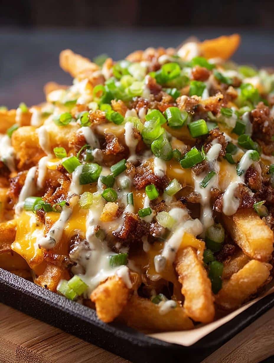 Close-up of Copycat Voodoo Fries with melted cheese and ranch drizzle