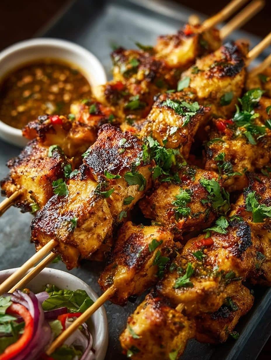 Cowboy Butter Chicken Skewers: 5 Bold Flavors for BBQ - close-up of grilled chicken skewers with herbs