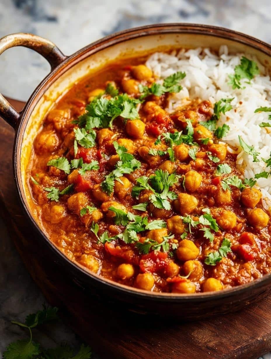 Creamy Vegetarian Chana Masala served in a bowl with fresh cilantro and a side of naan bread, showcasing its rich texture and vibrant colors