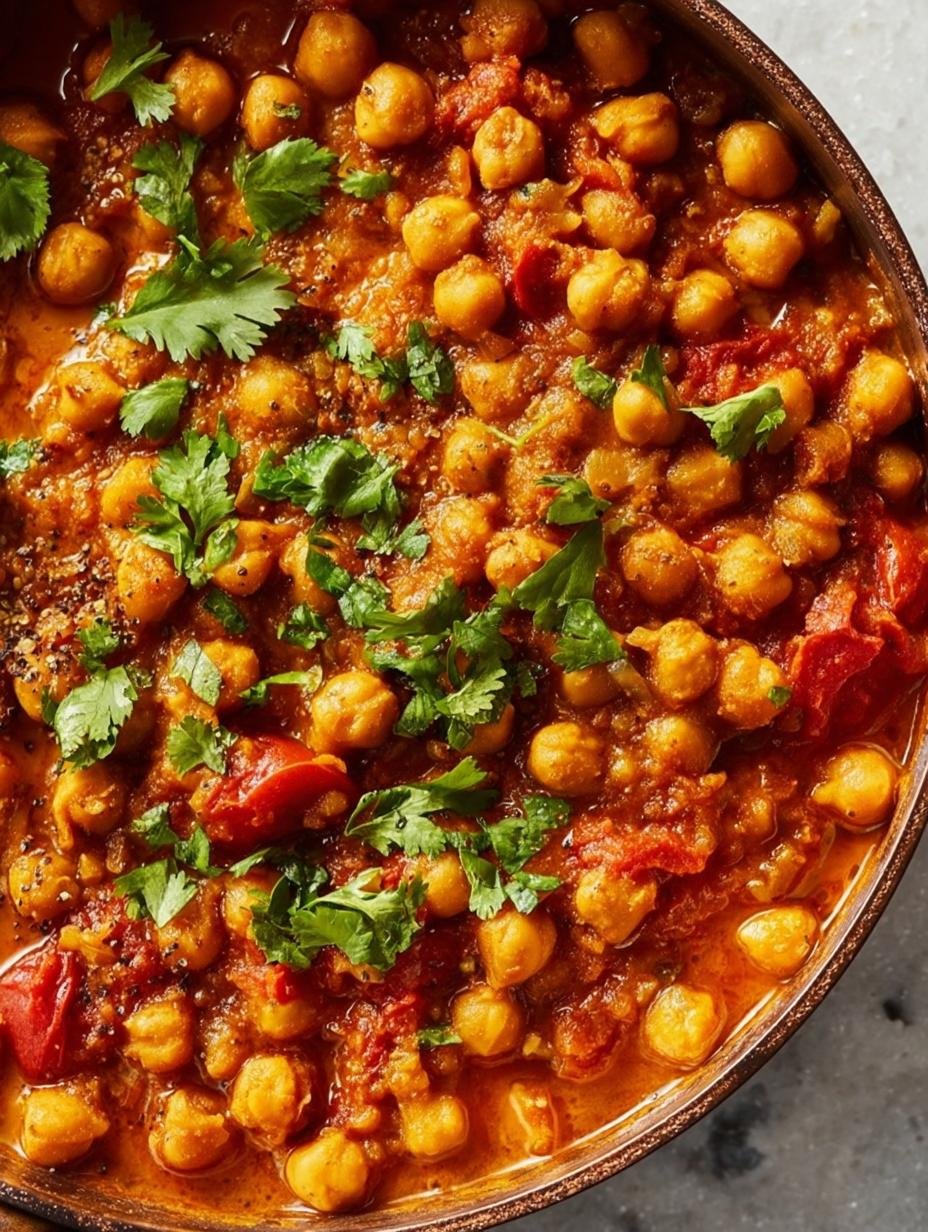 Close-up of Creamy Vegetarian Chana Masala simmering in a pan, showing the rich, thick sauce and tender chickpeas