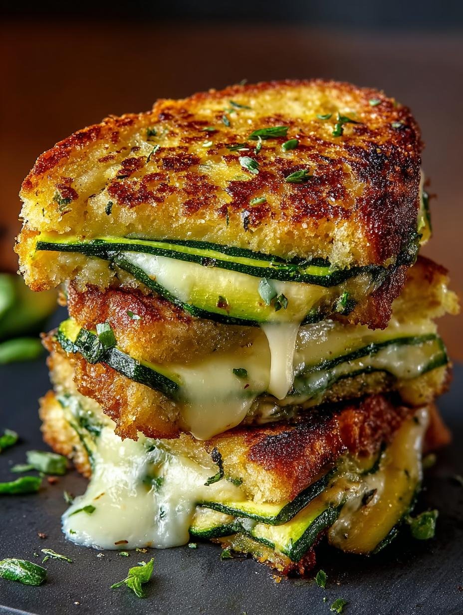 Delicious Crispy Zucchini Grilled Cheese sandwich cut in half, showing gooey melted cheese and tender zucchini slices, served on a rustic wooden board.