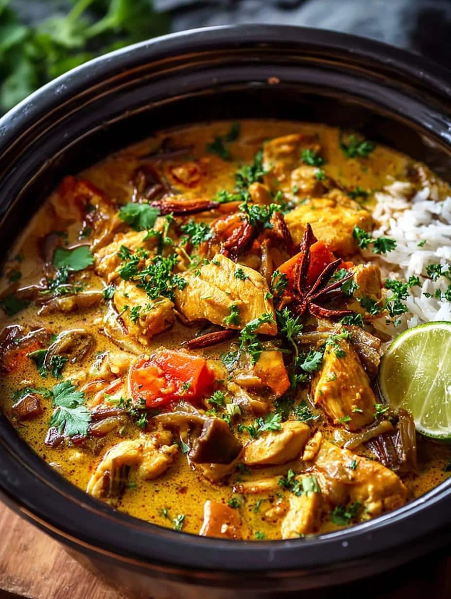 Crockpot Coconut Chicken Curry: 7 Steps to Blissful Flavor - A vibrant bowl of Crockpot Coconut Chicken Curry with tender chicken, colorful vegetables, and creamy sauce, garnished with fresh basil and crispy shallots.