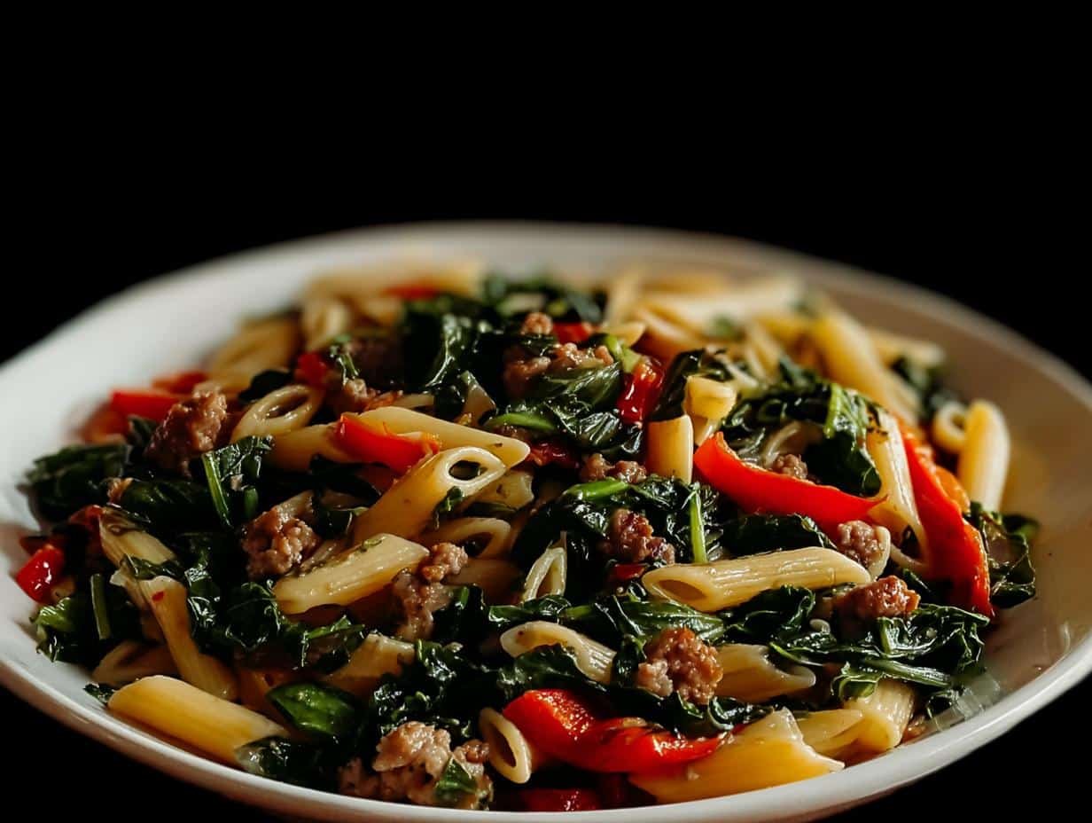 Escarole Pasta Sausage Peppers: Amazing 30-Min Meal - A close-up of the finished dish, showcasing the vibrant colors of peppers, sausage, and escarole mixed with pasta.