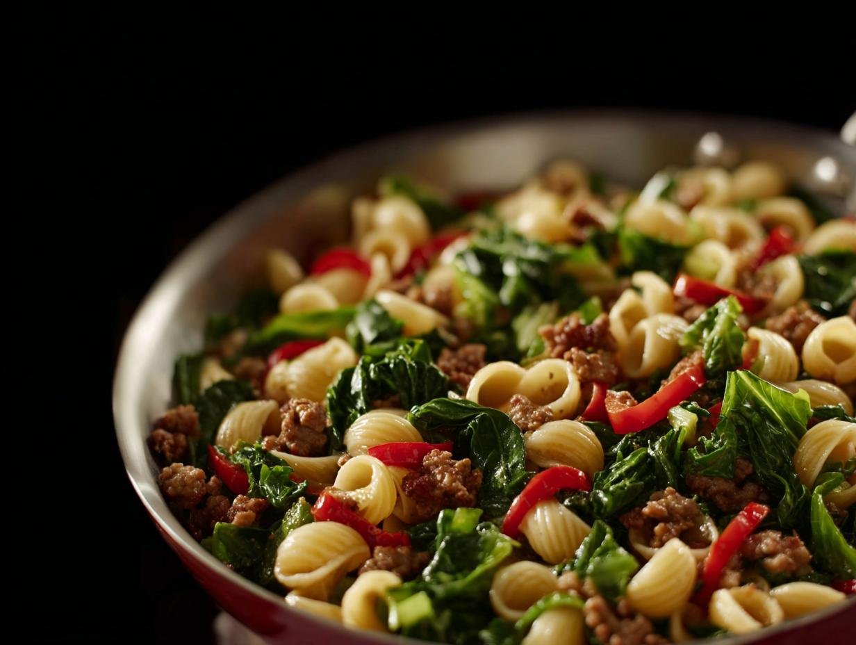 Escarole Pasta Sausage Peppers: Amazing 30-Min Meal - A close-up of ingredients being sautéed in a skillet, including onions, peppers, and sausage.