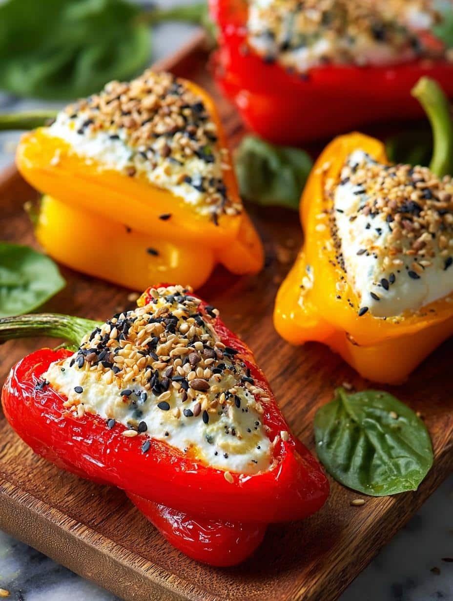 Everything Bagel Cream Cheese Stuffed Mini Peppers Recipe - Everything Bagel Cream Cheese - close-up of creamy filling in mini peppers