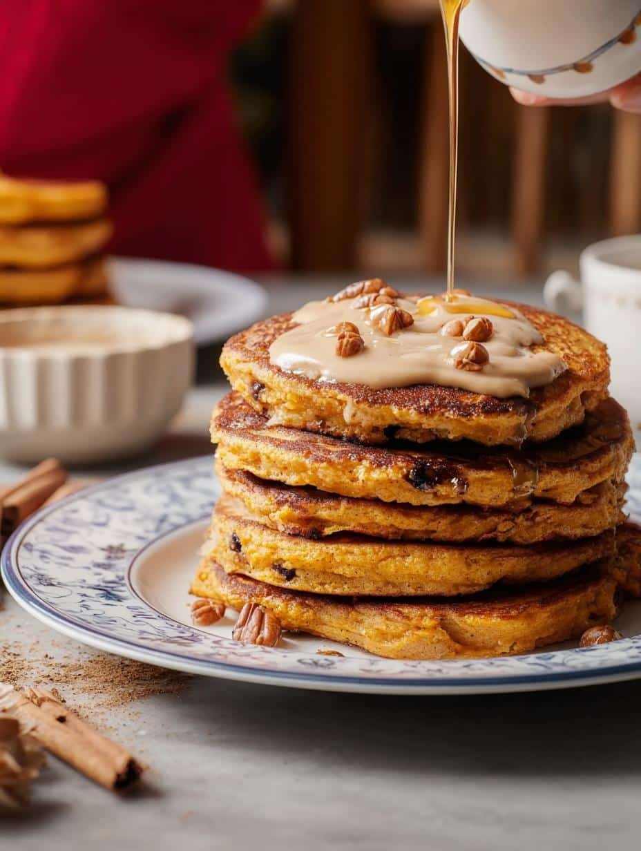Fluffy Pumpkin Pancakes with Delicious Maple Cinnamon Butter - a stack of golden brown pumpkin pancakes with maple syrup and whipped cream