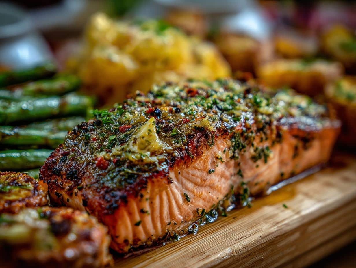 Delicious Honey Garlic Butter Salmon fillets perfectly glazed and garnished with fresh parsley, ready to serve.