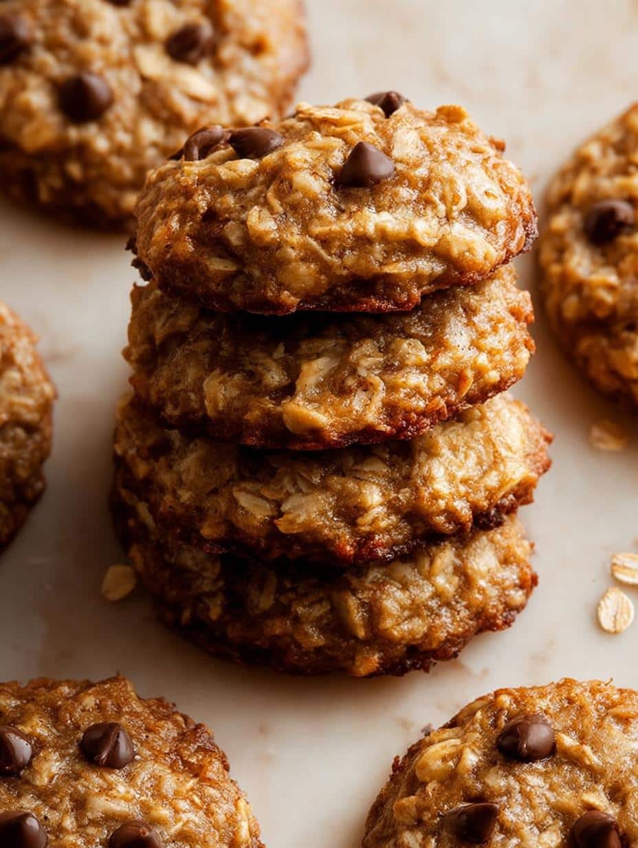 Close-up of freshly baked Ingredient Banana Oatmeal Cookies with melted chocolate chips