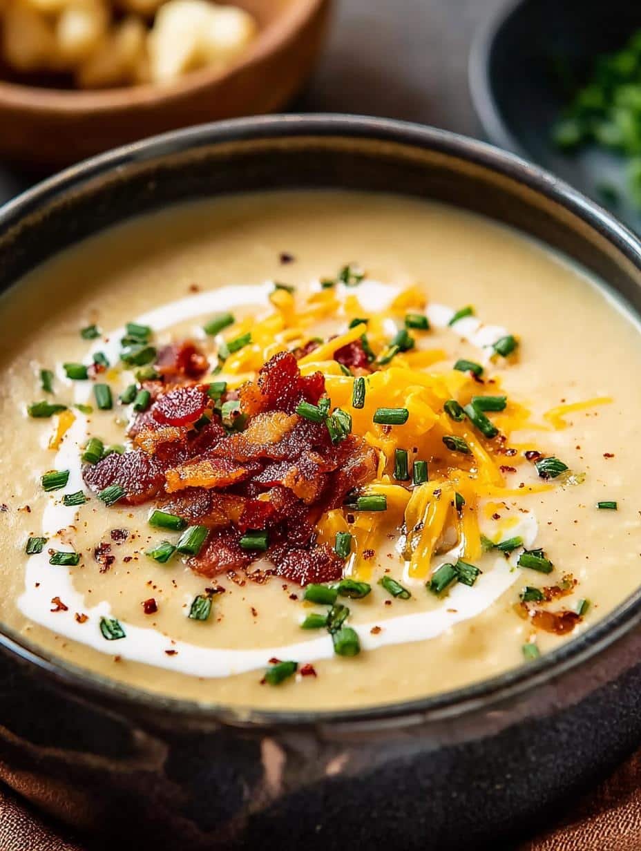 Delicious bowl of Loaded Cauliflower Soup garnished with bacon, cheese, and chives, ready to eat