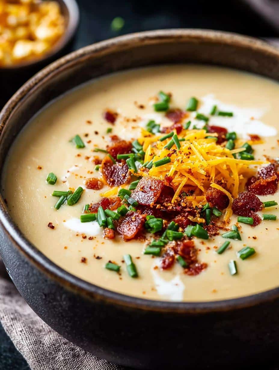 Close-up of creamy Loaded Cauliflower Soup in a bowl, topped with melted cheese and fresh chives