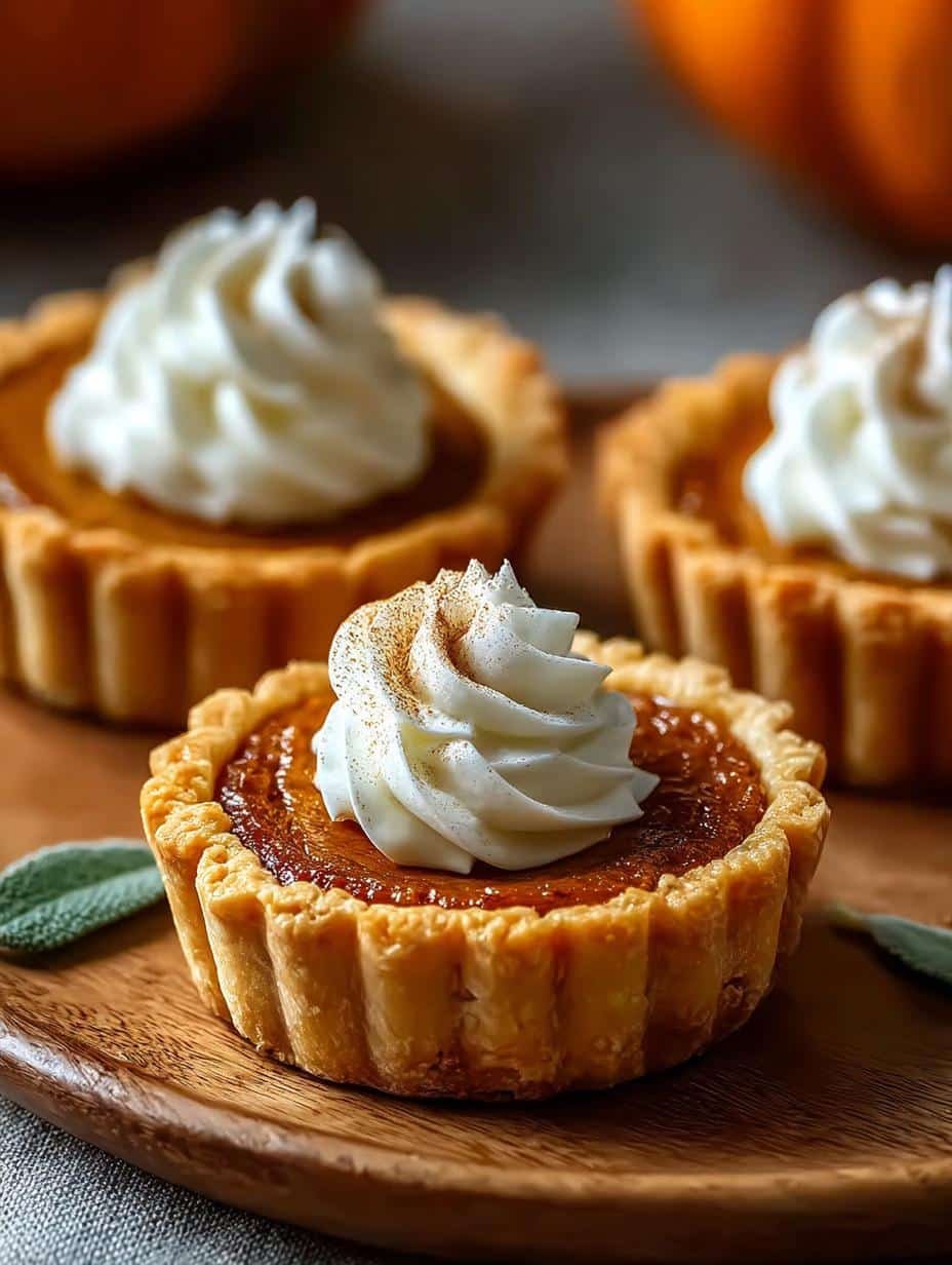 Delicious Mini Flaky Crust Pumpkin Pies with whipped topping on a serving platter