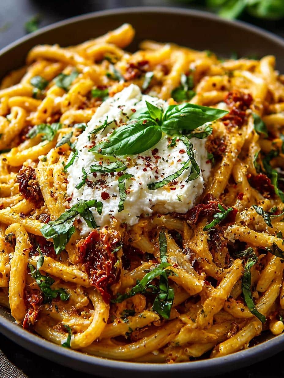 Delicious One Pot Sun Dried Tomato Pasta with creamy ricotta and fresh basil, perfect for a quick weeknight meal