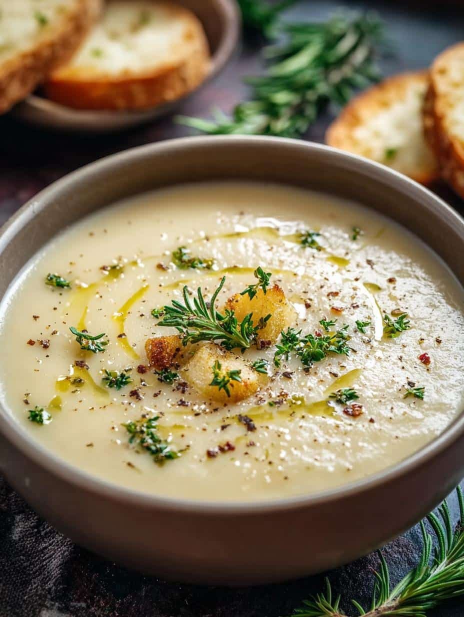 Close-up of a bowl of Roasted Garlic Potato Soup with a spoon, showing its creamy texture