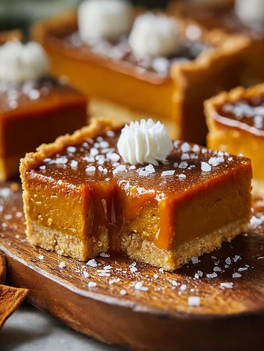 Delicious slice of Salted Caramel Pumpkin Pie with a creamy filling and generous caramel drizzle