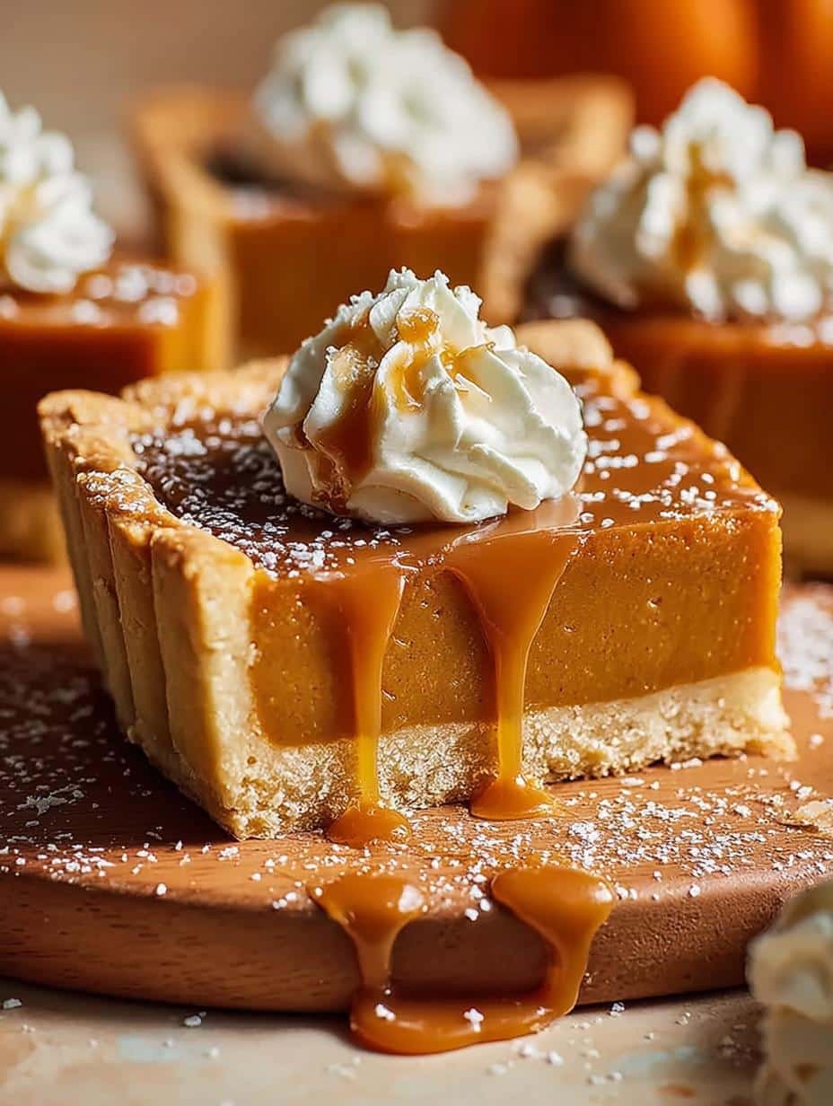 Overhead shot of a whole Salted Caramel Pumpkin Pie with a decorative caramel swirl