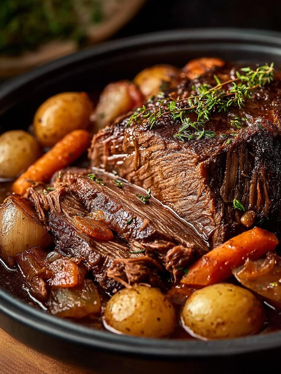 Close-up of a serving of Slow Cooker Pot Roast with shredded beef, root vegetables, and a generous pour of gravy