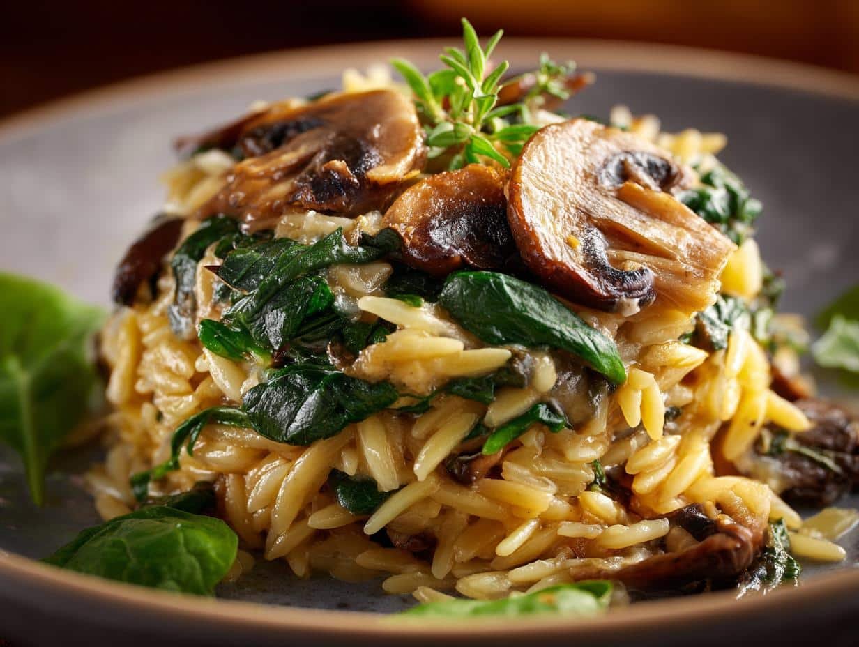 Delicious Spinach Mushroom Orzo with Chicken in a white bowl, garnished with fresh parsley, showcasing the creamy texture and vibrant ingredients.